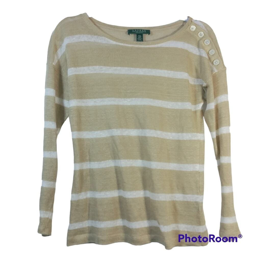 Lauren Ralph Lauren Linen Knit Sweater Pullover Stripe Button Shoulder Size PXS
